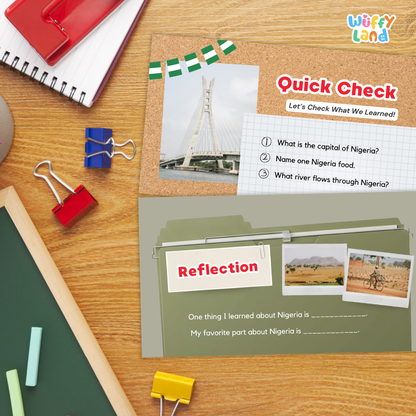 A children's educational activity sheet from Wiffy Land titled 'Quick Check' and 'Reflection' laid out on a wooden desk with school supplies around it.