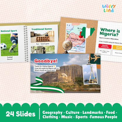A collage of educational presentation slide thumbnails for a geography and culture travel kit about Nigeria, with the Wuffiy Land logo in the top right and a green banner at the bottom reading '24 Slides' and listing subject categories.