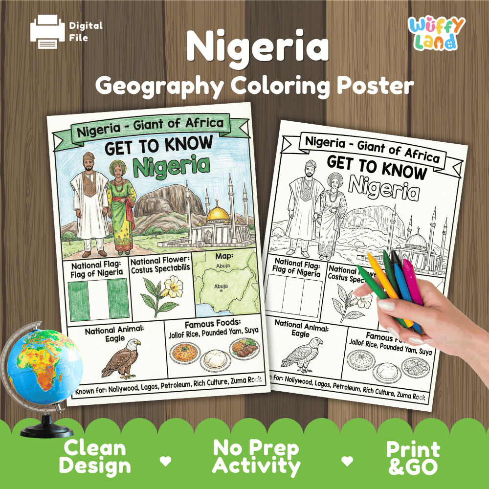Nigeria Geography Coloring Poster and Fact Sheet Printable Worksheets