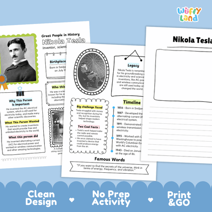 Educational poster and worksheet set about Nikola Tesla, featuring a colorful 'Great People in History' poster, a timeline, a famous quotes section, and a writing activity sheet on a blue wavy background with 'Wiffly Land' branding.