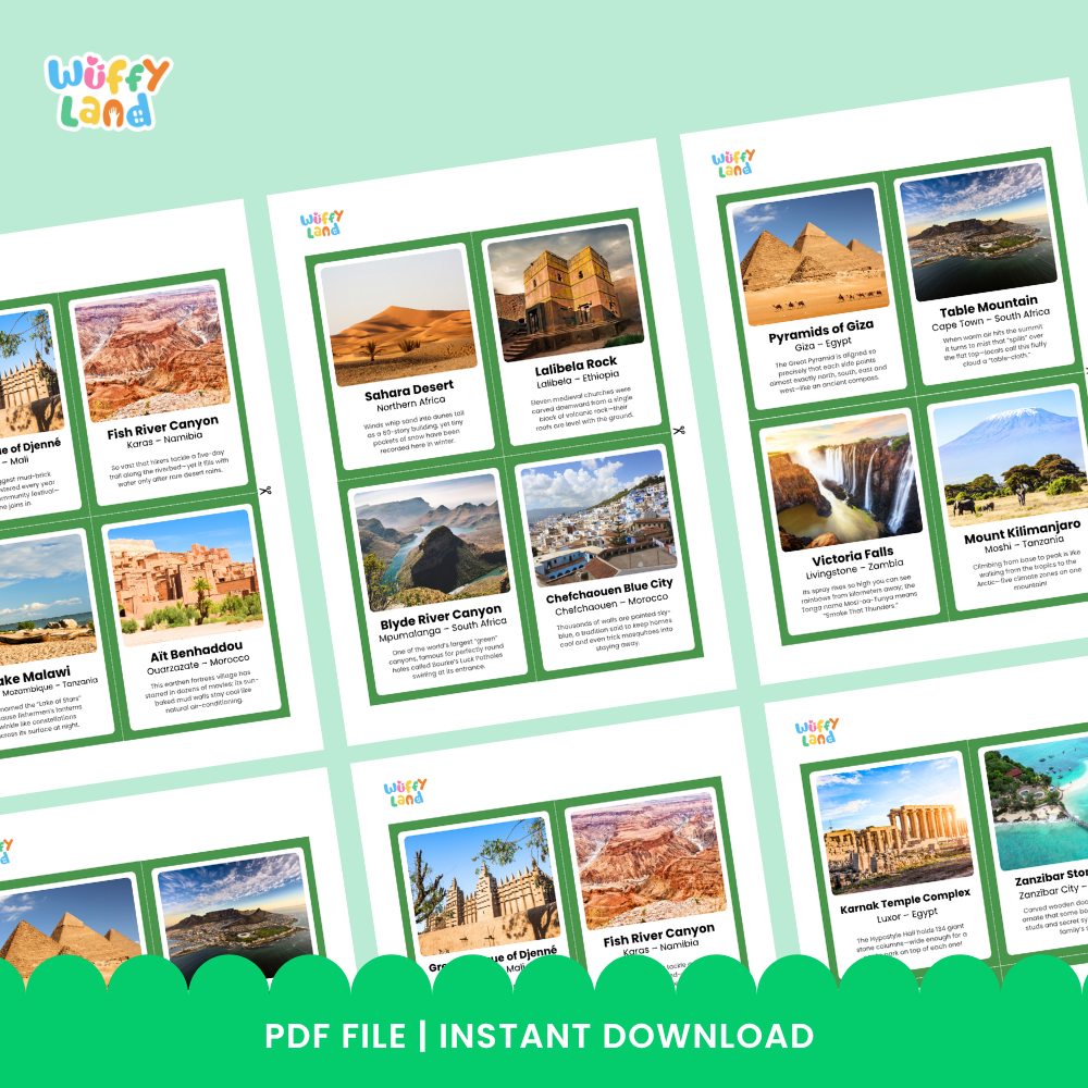 Flashcards featuring the Nile River, Timbuktu, Baobab Avenue, and Algiers Mosque with fun facts