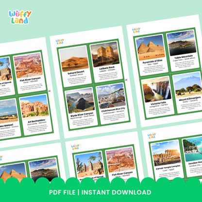 Flashcards featuring the Nile River, Timbuktu, Baobab Avenue, and Algiers Mosque with fun facts