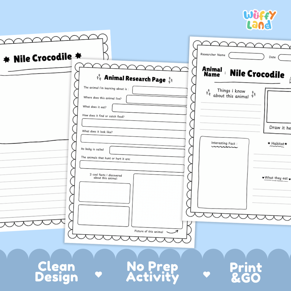 Three printable worksheet pages for an animal research activity about the Nile crocodile, shown on a light blue background with the brand name Wiffy Land in the top right. The pages are black and white with writing and drawing areas, and a blue banner at the bottom reads 'Clean Design', 'No Prep Activity', and 'Print & GO'.