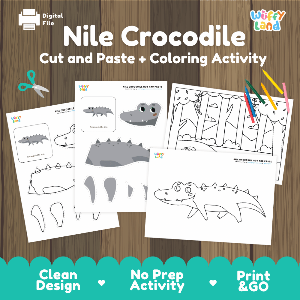 Nile Crocodile Cut and Paste Craft and Coloring Activity Worksheets