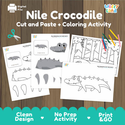Nile Crocodile Cut and Paste Craft and Coloring Activity Worksheets
