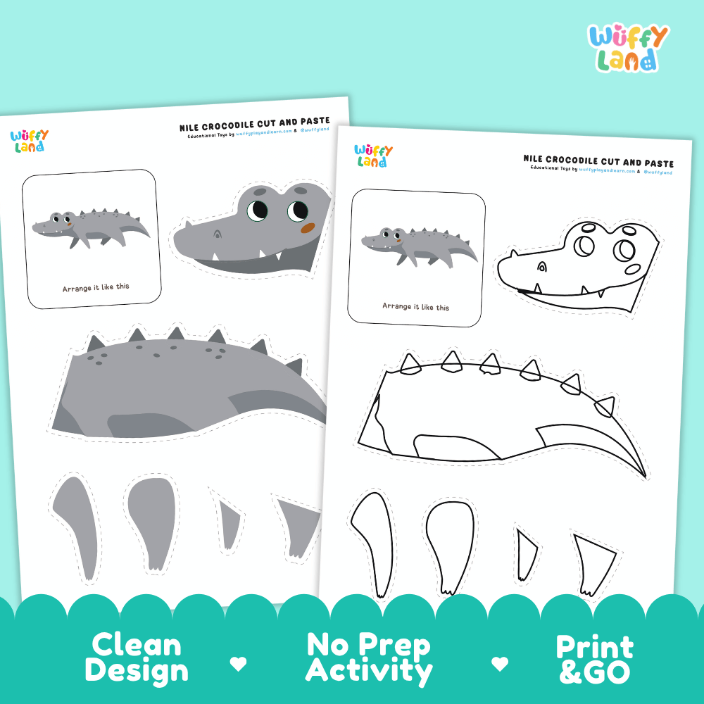 Nile Crocodile Cut and Paste Craft and Coloring Activity Worksheets