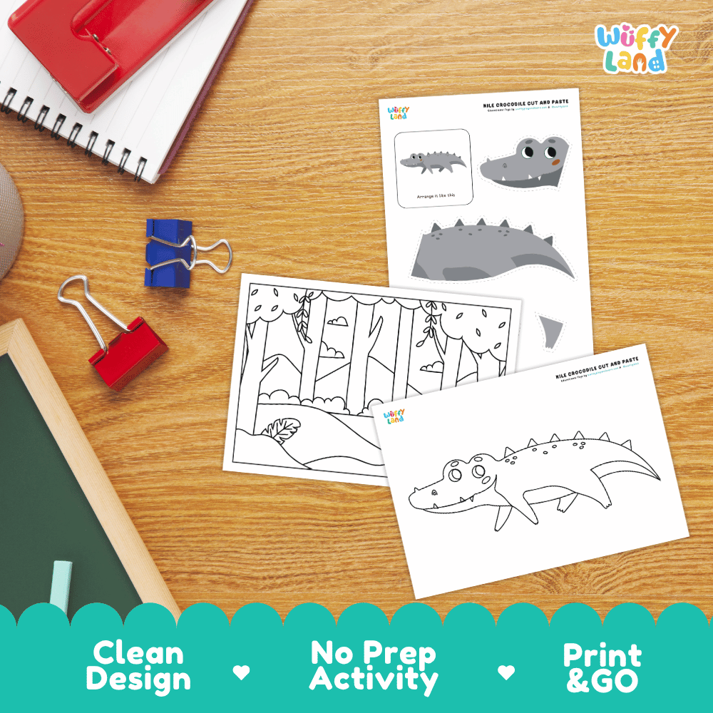 Nile Crocodile Cut and Paste Craft and Coloring Activity Worksheets