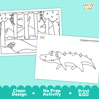 Nile Crocodile Cut and Paste Craft and Coloring Activity Worksheets