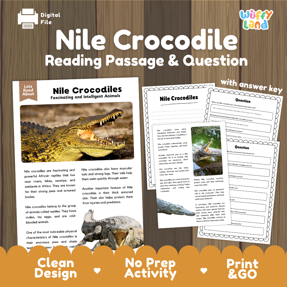 Digital reading activity bundle for 'Nile Crocodile Reading Passage & Question' by Wiffly Land, featuring a sample page with text, images, and a worksheet with an answer key, set against a wood background with promotional badges.