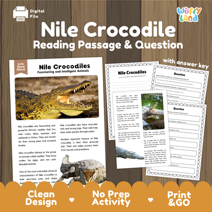 Digital reading activity bundle for 'Nile Crocodile Reading Passage & Question' by Wiffly Land, featuring a sample page with text, images, and a worksheet with an answer key, set against a wood background with promotional badges.