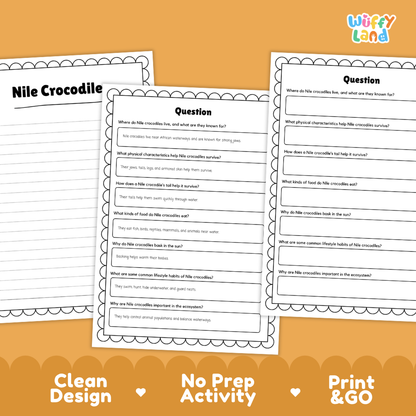 Three printable worksheet pages about the Nile Crocodile displayed on an orange background. The pages are white with black text and border lines, and the top right corner shows the 'Wiffly Land' brand logo.