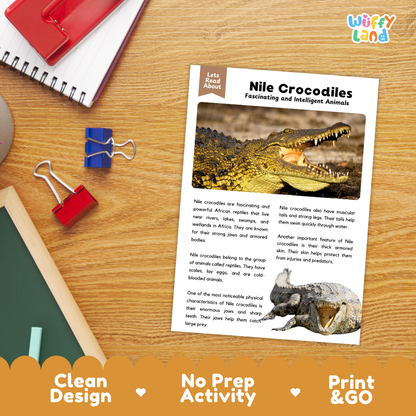 An educational activity sheet about Nile Crocodiles laid on a wooden desk with school supplies. The sheet has a white background with black text, a crocodile illustration, and a photo of a crocodile in the water.