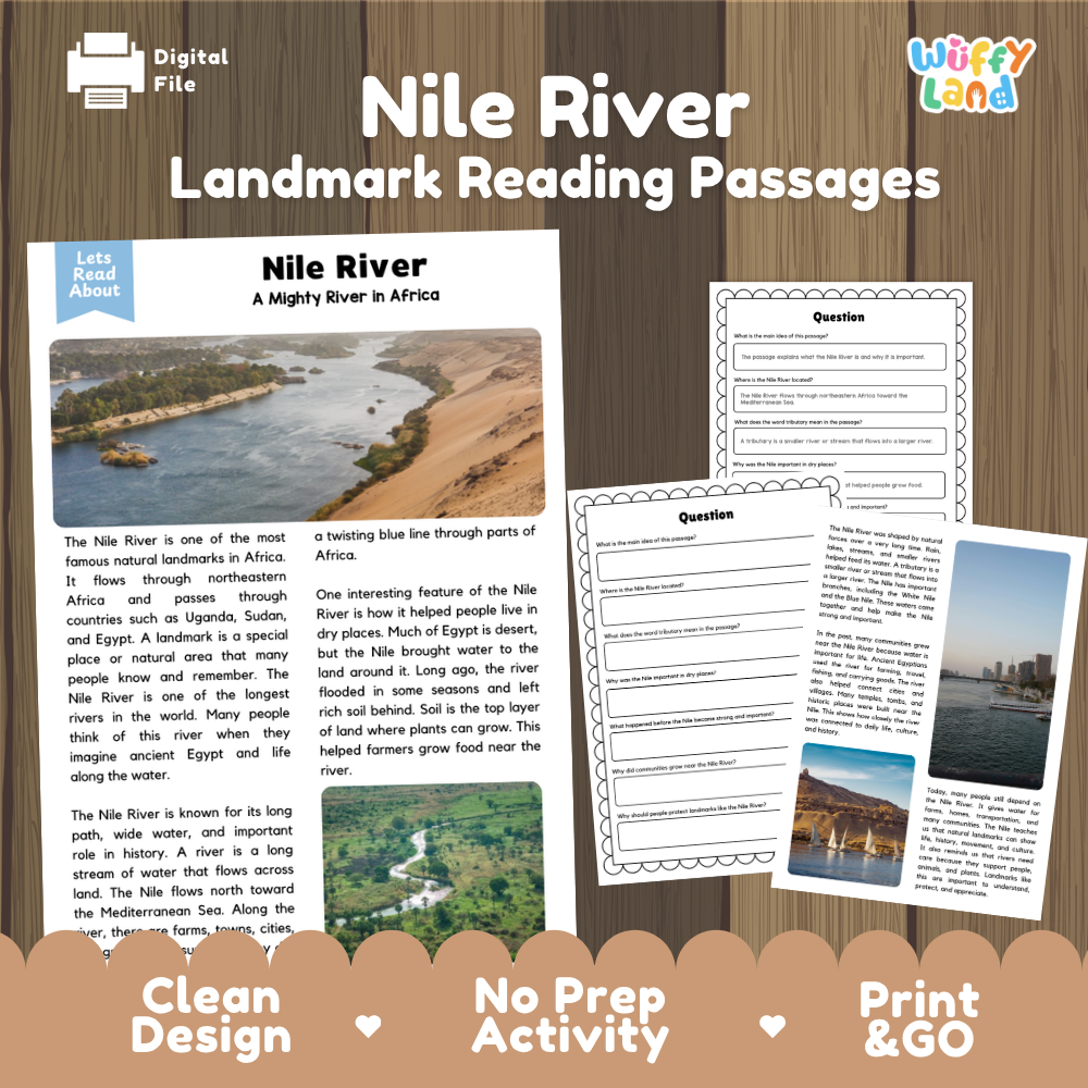 Digital reading activity bundle for 'Nile River Landmark Reading Passages' by Willy's Land, featuring a lesson slide, two text passages with comprehension questions, and a map, presented on a wood-grain background with promotional badges.