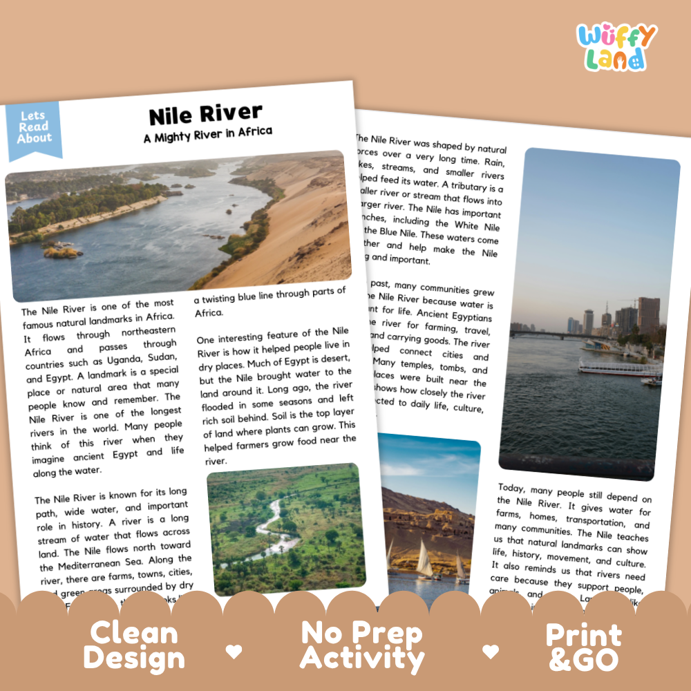 Two printed activity cards about the Nile River in Africa, shown on a light gray background with a 'Wifly land' watermark. The cards feature a blue header, a small landscape photo, and sections of text with activity prompts like 'Let's Read About' and 'No Prep Activity'.
