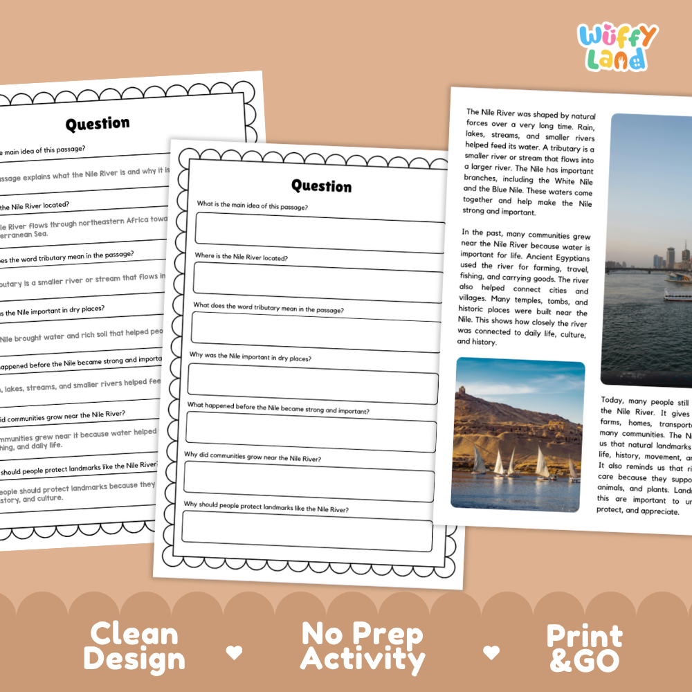 Three printable educational worksheets about the Nile River are displayed on a white background with decorative shadows. The sheets include a title, a short text passage, and several comprehension questions.