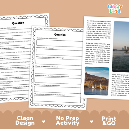 Three printable educational worksheets about the Nile River are displayed on a white background with decorative shadows. The sheets include a title, a short text passage, and several comprehension questions.