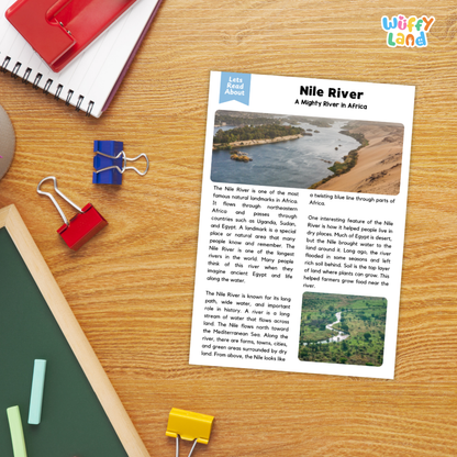A printed educational card titled 'Nile River: A Mighty River in Africa' laid on a wooden desk, surrounded by school supplies including a spiral notebook, red and blue binder clips, a green folder, and a yellow highlighter. The 'Let's Read About' logo appears in the top-left corner of the card, and the 'Wiffly Land' brand logo appears in the top-right corner of the image.