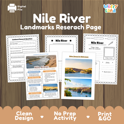 Digital preview of a 'Nile River Landmarks Research Page' activity sheet set by Wiffy Land, displayed on a wood-grain background with promotional text at the bottom.