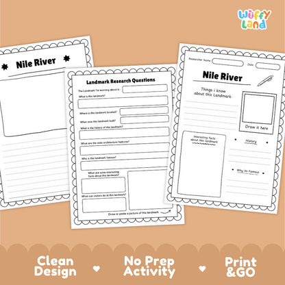Three printable worksheet pages about the Nile River are shown on a peach background with marketing text at the bottom. The sheets include labeled sections such as 'Nile River,' 'Landmark Research Questions,' and writing areas with a small 'Wiffy Land' logo in the top right.