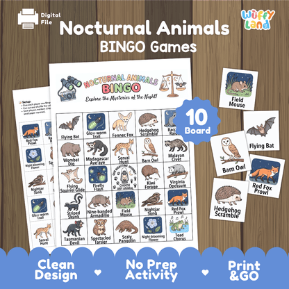 Nocturnal Animals BINGO Games Printable Activity