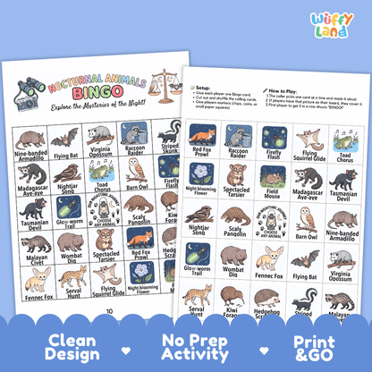 Nocturnal Animals BINGO Games Printable Activity