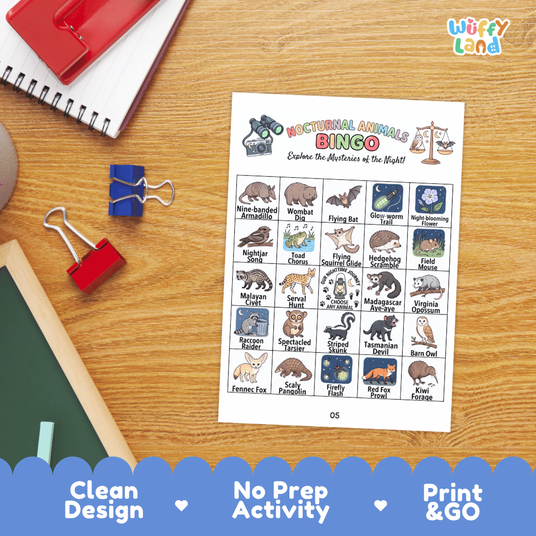 Nocturnal Animals BINGO Games Printable Activity