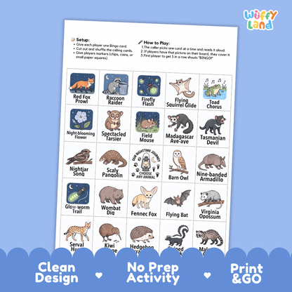 Nocturnal Animals BINGO Games Printable Activity