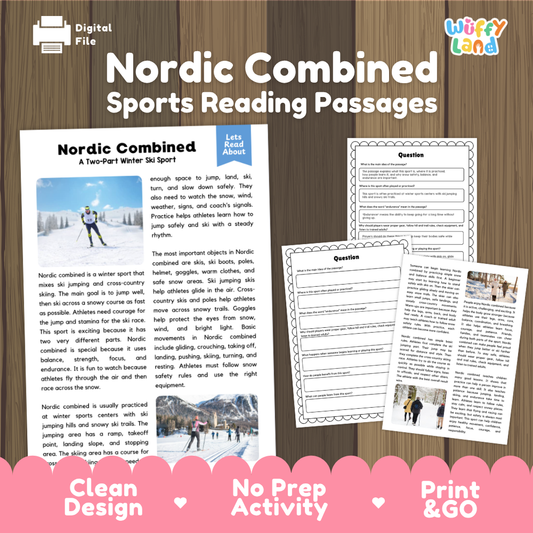 Digital product preview for 'Nordic Combined Sports Reading Passages' by Wiffy Land, showing a sample reading passage, two worksheet pages, and a pink 'Print & GO' banner on a wood-grain background.