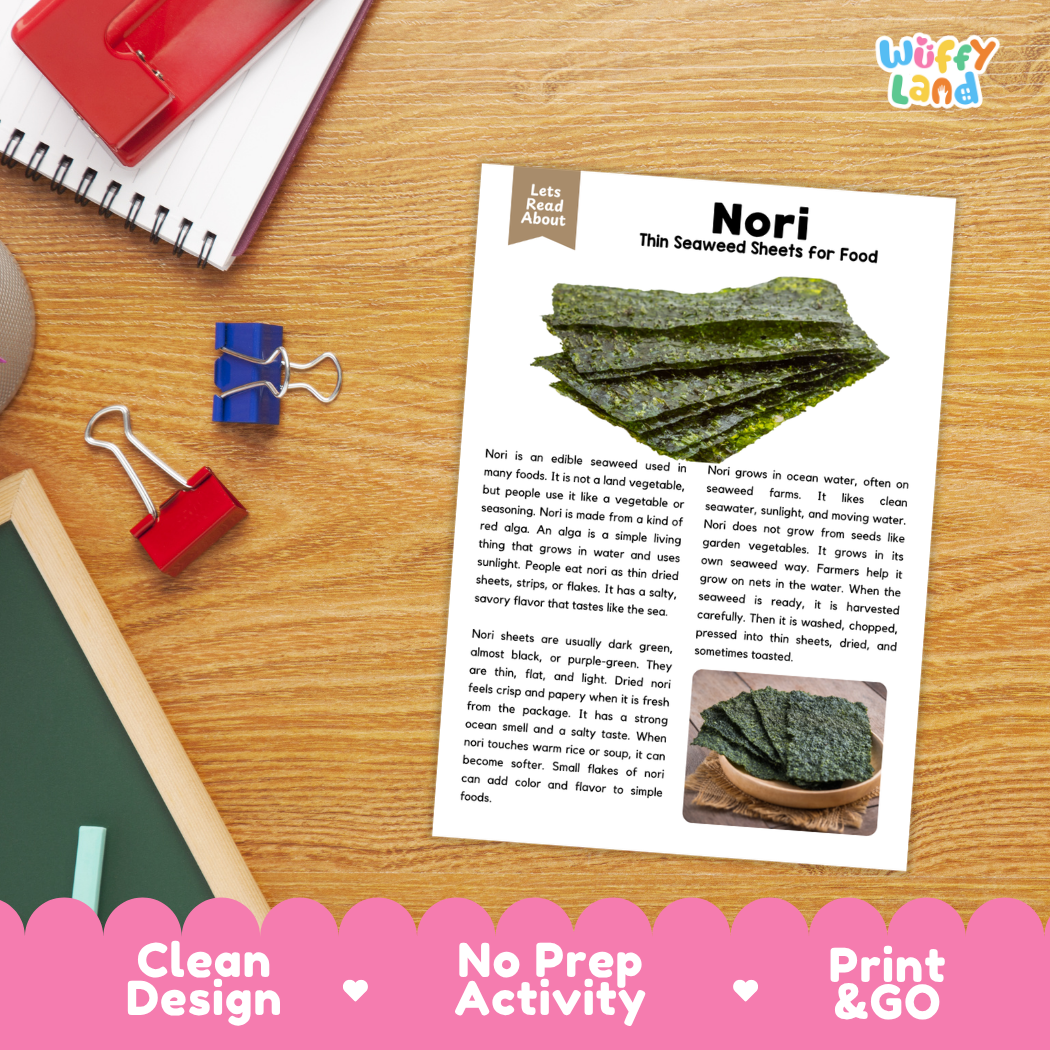 Student reading comprehension worksheet with short-answer questions and lined sections about nori seaweed sheets