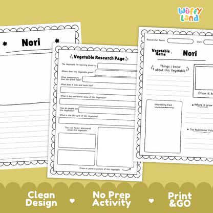 Nori Vegetable Research Page Worksheets and Fact Sheet