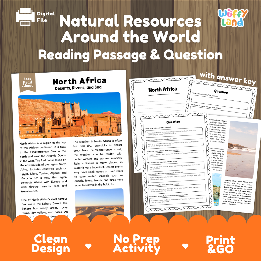 North Africa reading comprehension passage and questions printable activity pack with answer key for elementary students