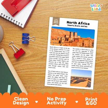 Student reading comprehension worksheet with short-answer questions and lined sections about North Africa geography