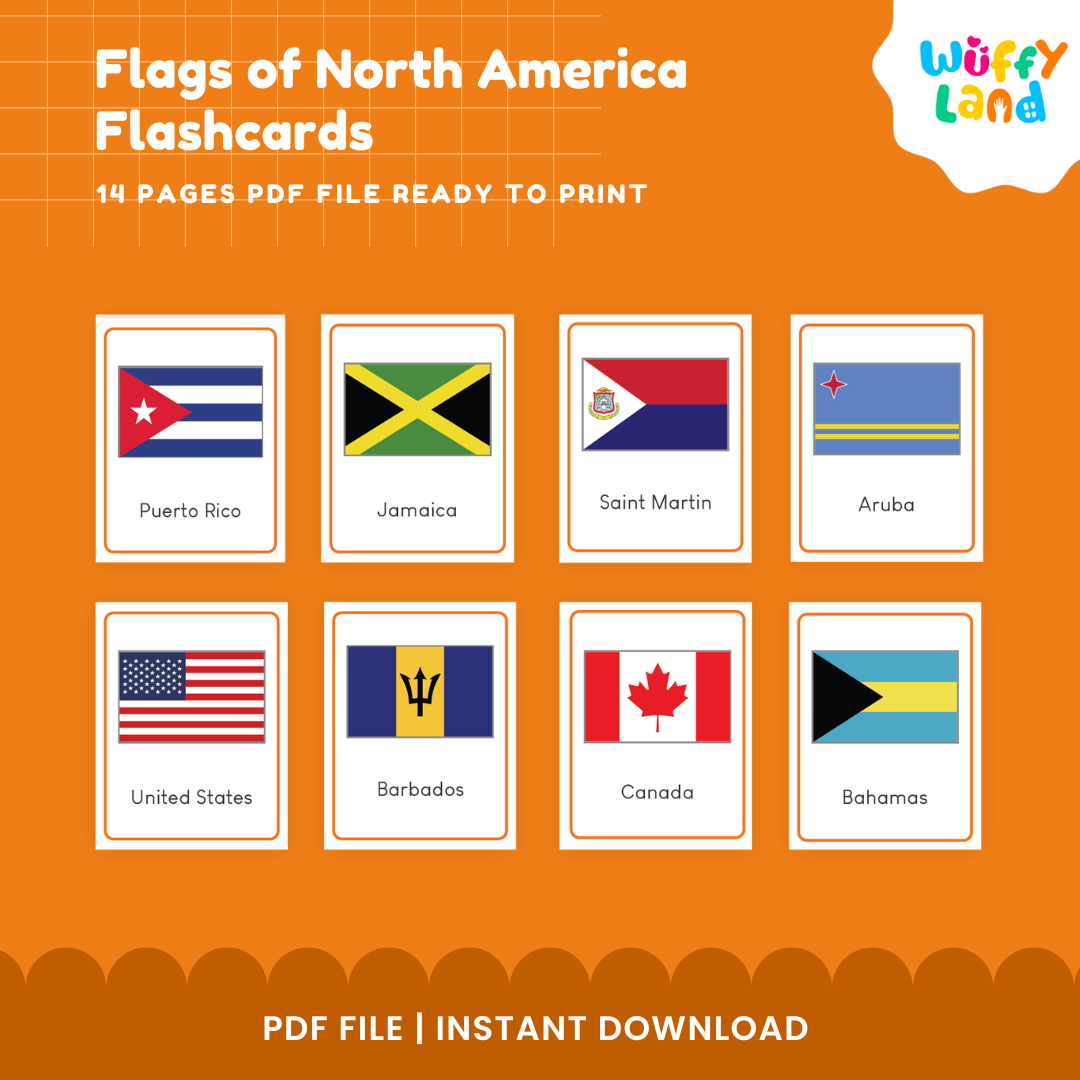 Printable North America continent study cards featuring country and territory flags for elementary geography and homeschool learning