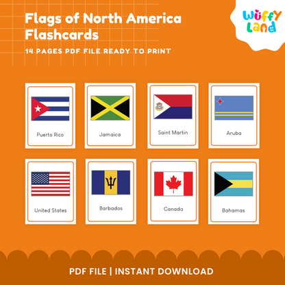 Printable North America continent study cards featuring country and territory flags for elementary geography and homeschool learning