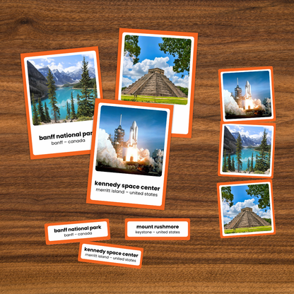 North America continent study cards featuring 28 landmarks for Montessori geography lessons, homeschool and classroom learning