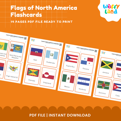 Printable North America country flag learning cards for kids designed for country identification, visual recognition and geography practice