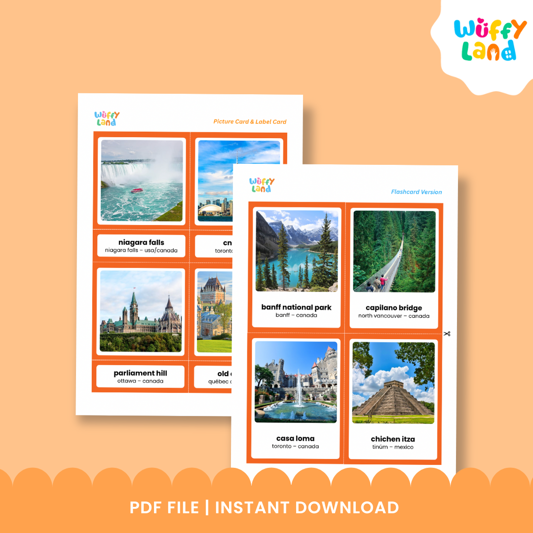 North America geography 3-part cards featuring famous natural and cultural landmarks from Canada, the United States and Mexico