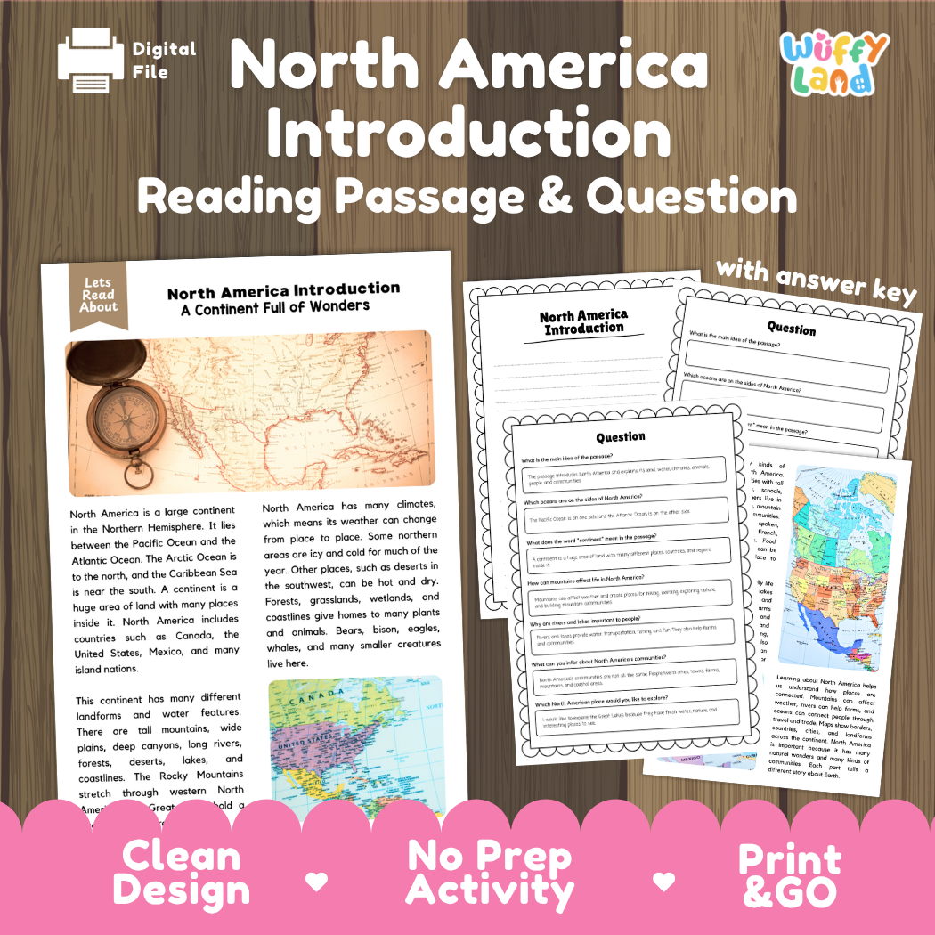 North America Introduction reading comprehension passage and questions printable activity pack with answer key for elementary students