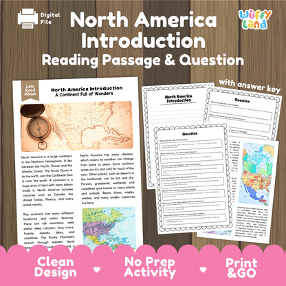 North America Introduction reading comprehension passage and questions printable activity pack with answer key for elementary students