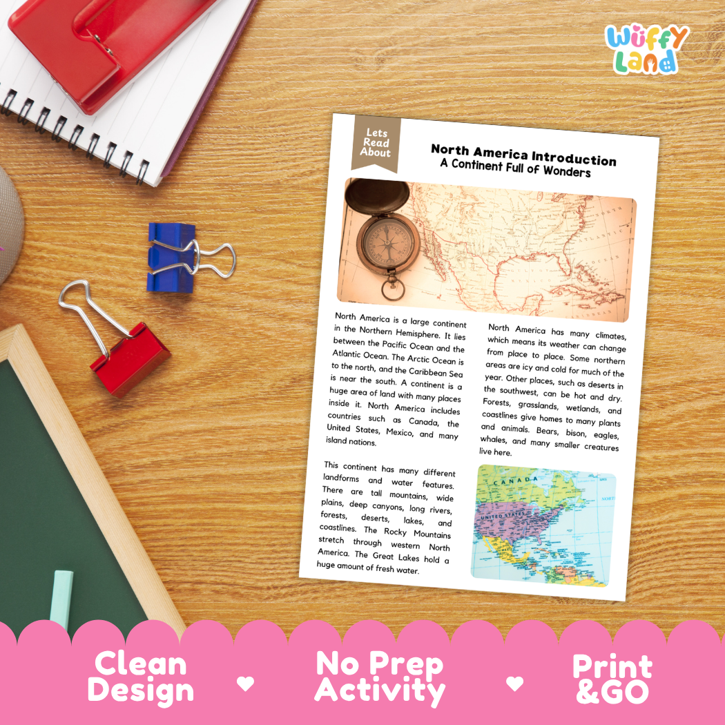 Student reading comprehension worksheet with short-answer questions and lined sections about North America