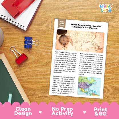 Student reading comprehension worksheet with short-answer questions and lined sections about North America