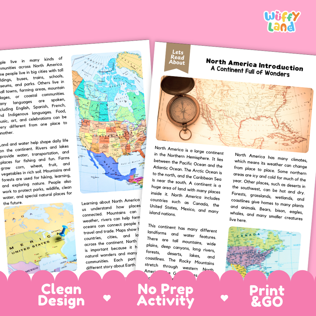 Teacher answer key page showing complete question solutions for North America Introduction geography reading comprehension practice