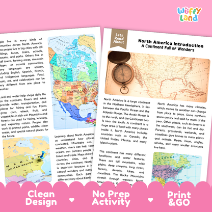 Teacher answer key page showing complete question solutions for North America Introduction geography reading comprehension practice