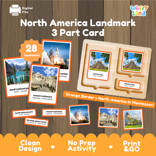 North America landmark 3 part cards cover showing printable geography nomenclature cards for 28 landmarks like Chichen Itza and Mount Rushmore