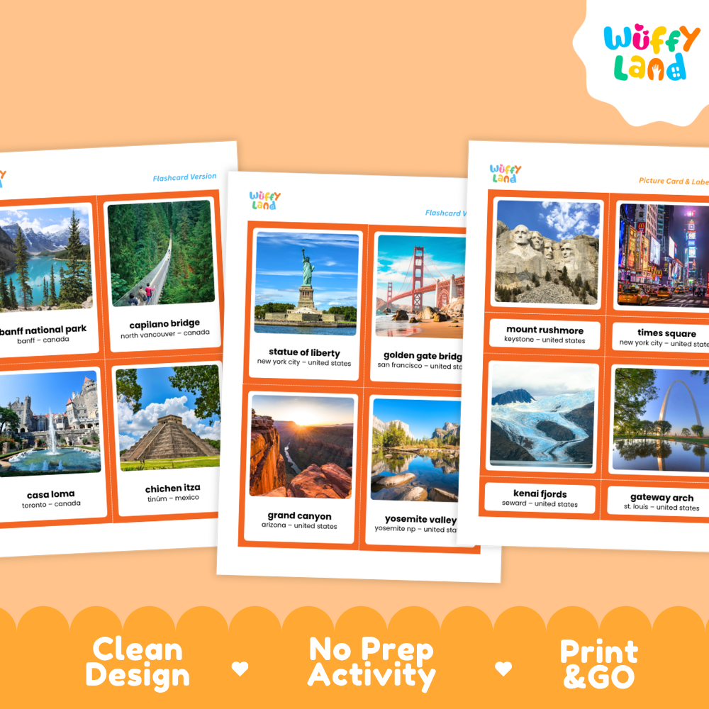 Printable sheets featuring photographic landmark cards with orange borders and separate name labels in wooden Montessori trays