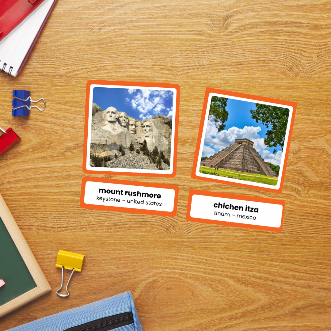 Printable North America landmark vocabulary cards with real photographs and location labels for geography and cultural studies