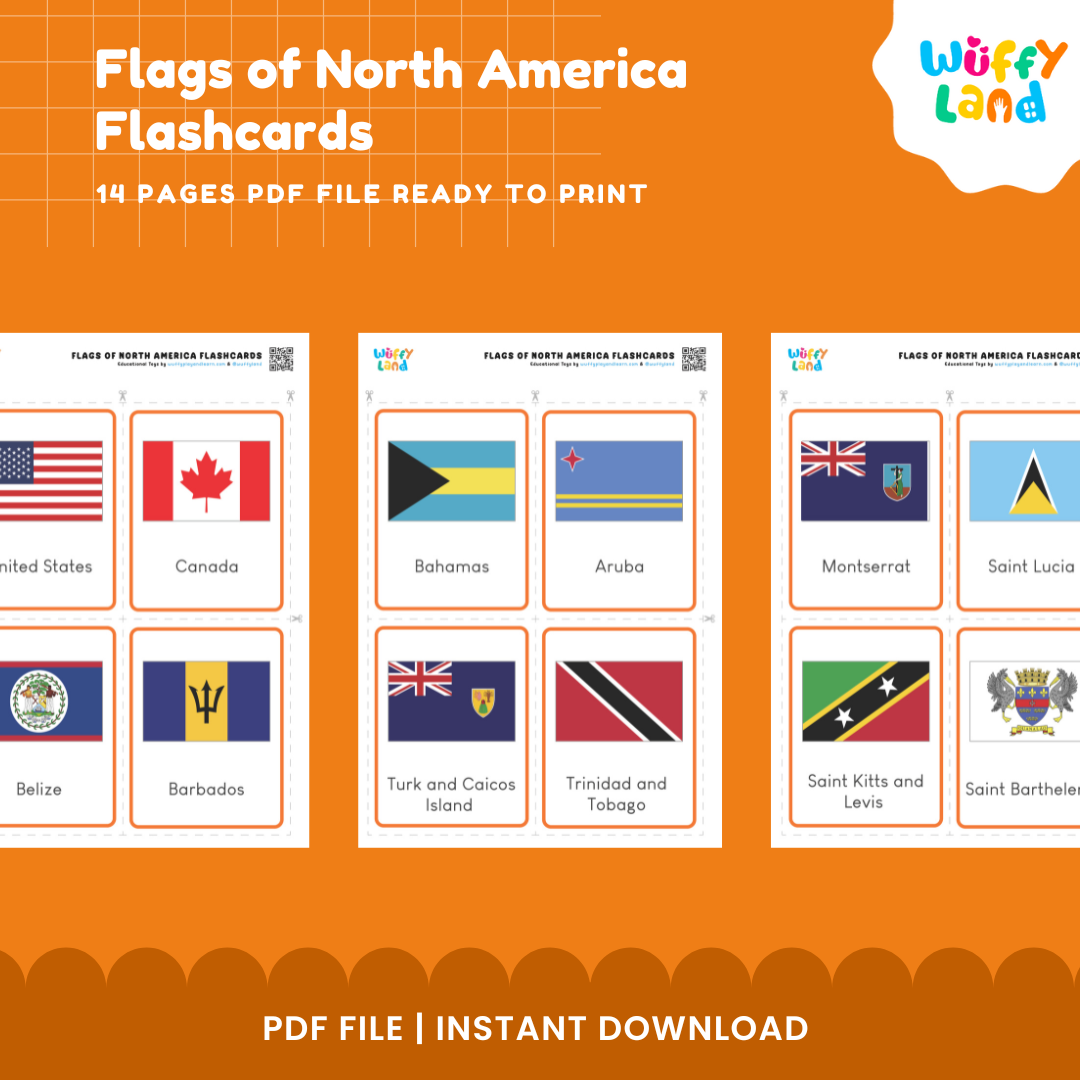 North American countries and flags geography cards featuring the United States, Canada, Jamaica, Barbados, Bahamas and more