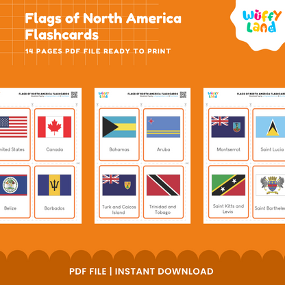 North American countries and flags geography cards featuring the United States, Canada, Jamaica, Barbados, Bahamas and more