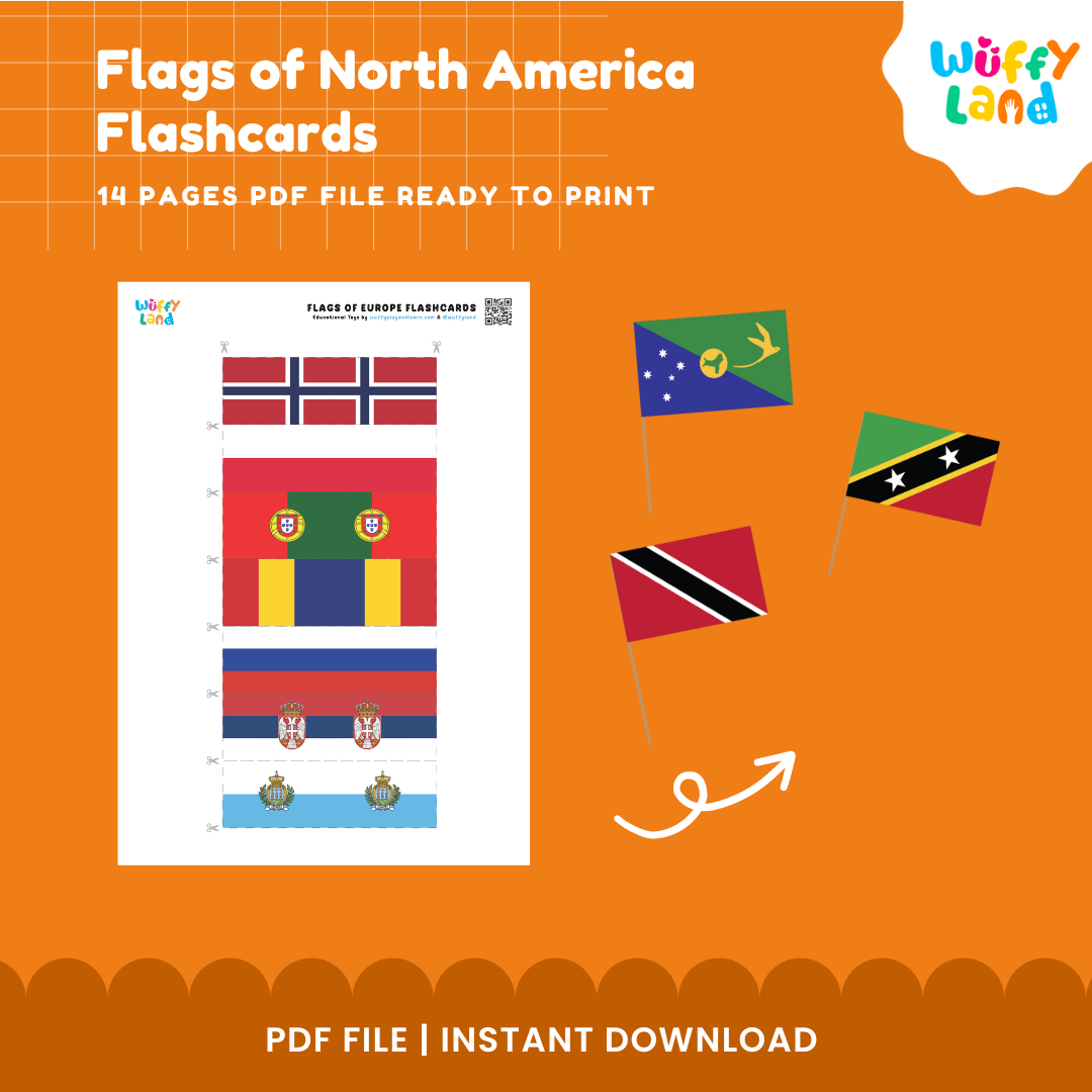 North American flags geography activity for kids featuring visual flag cards for learning country names and national symbols