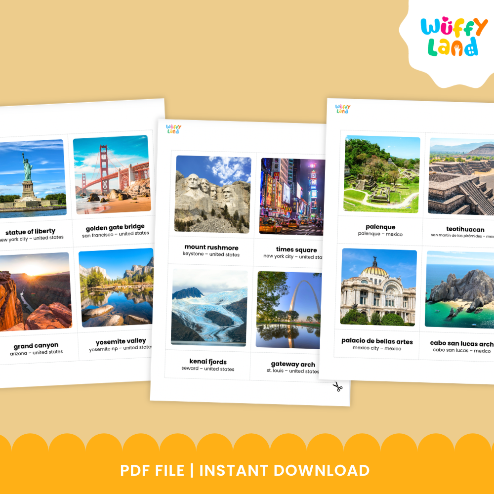Printable Montessori 3-part cards showing Banff National Park and CN Tower with separate matching word labels
